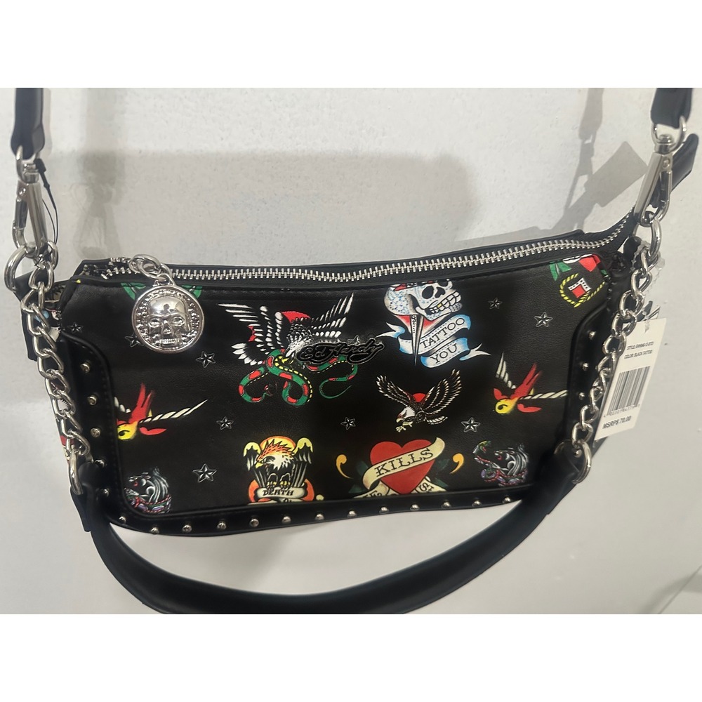 Ed Hardy NWT Black Tattoo Crossbody Shoulder Bag Y2K Skull Studded Purse Grunge